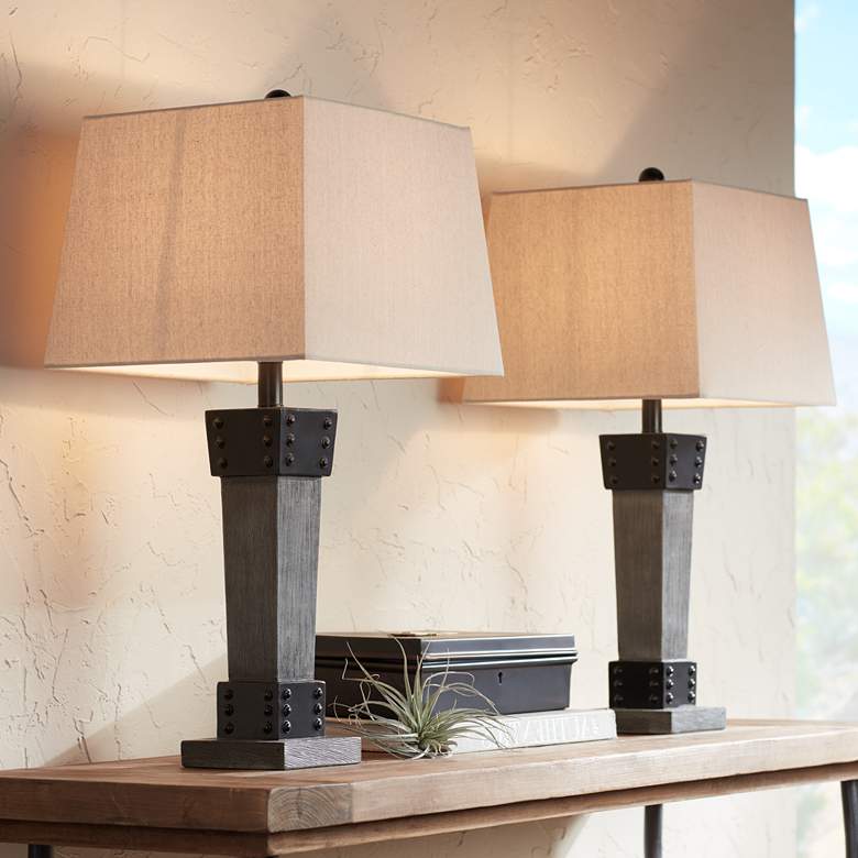 Image 1 John Timberland Jacob Gray Wood LED Table Lamps Set of 2 with Dimmers