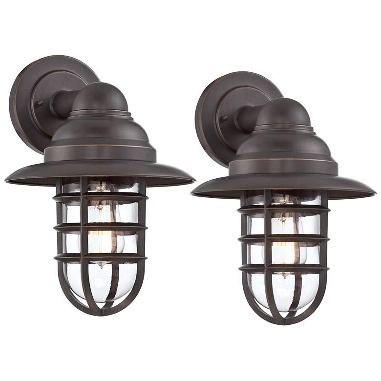 Image 1 John Timberland Marlowe 13 1/4 inch High Bronze Cage Wall Sconces Set of 2