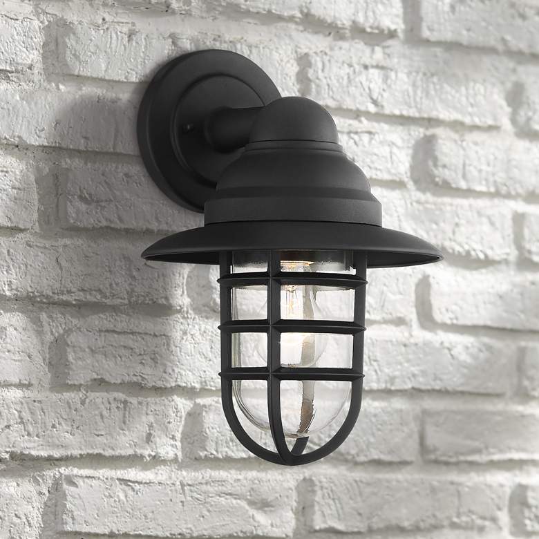 Image 1 John Timberland Marlowe 13" High Black Hooded Cage Outdoor Wall Light