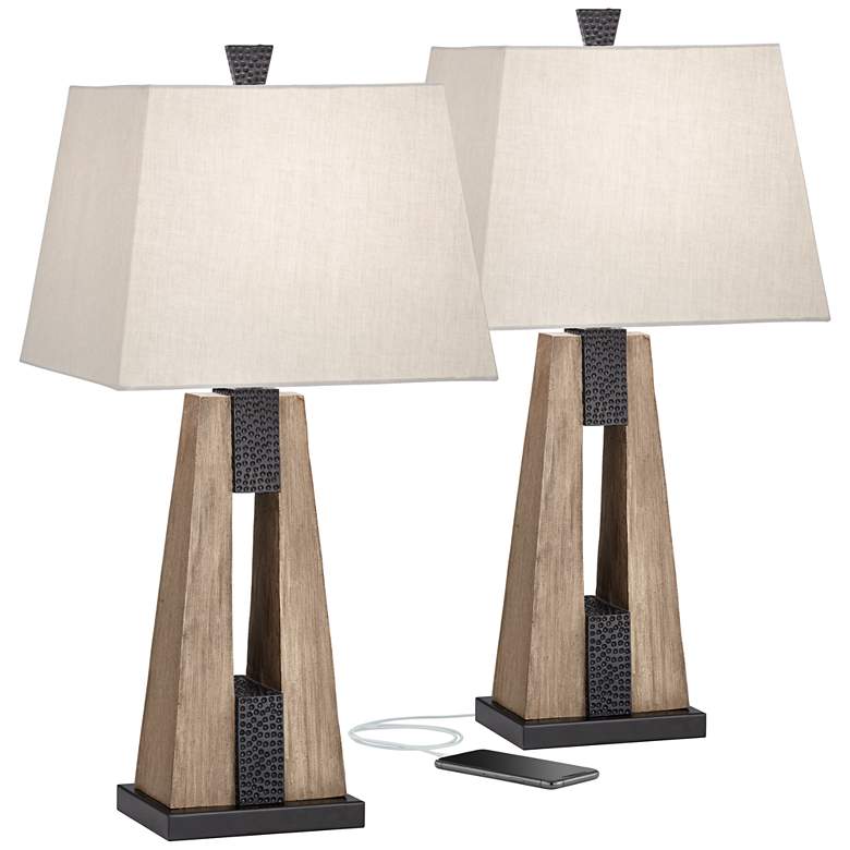 Image 3 John Timberland Mitchell 27 inch Rustic Column USB Table Lamps Set of 2