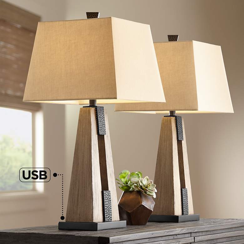 Image 2 John Timberland Mitchell 27 inch Rustic Column USB Table Lamps Set of 2