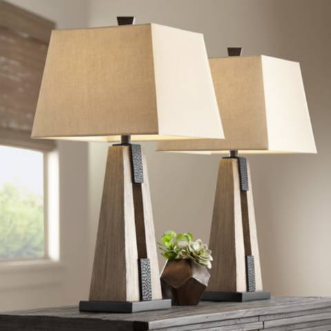 John Timberland Mitchell; Rustic Column USB Table Lamps Set of 2