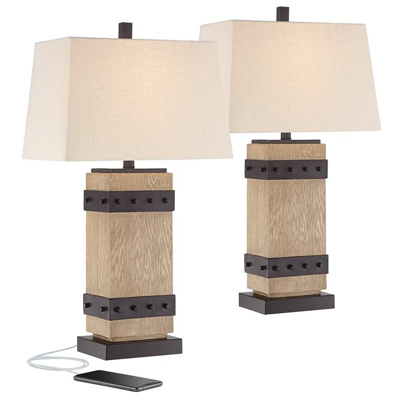 Image 2 John Timberland Silas 28 1/4 inch Faux Wood Rustic USB Lamps Set of 2