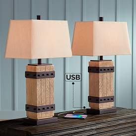 Image1 of John Timberland Silas 28 1/4" Faux Wood Rustic USB Lamps Set of 2