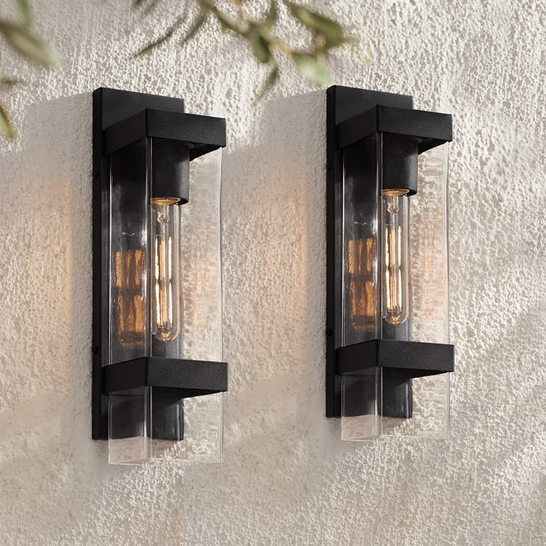 Image 1 John Timberland Solum 17"H Textured Black Outdoor Wall Light Set of 2