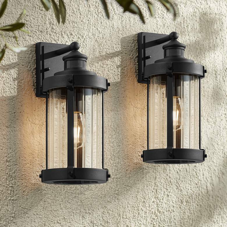 Image 1 John Timberland Stan 15" Black Motion Sensor Outdoor Lights Set of 2
