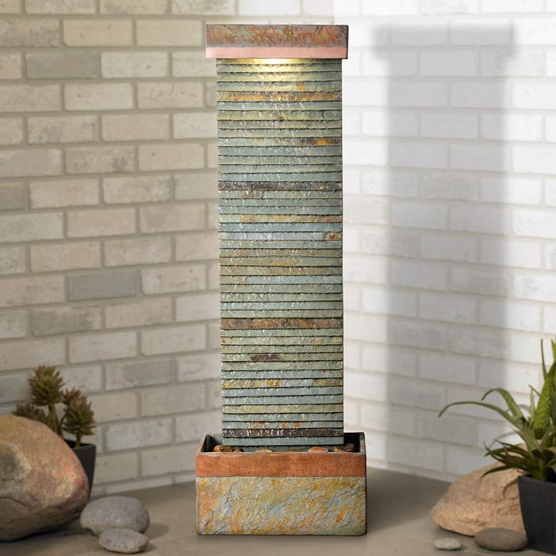 Image 1 John Timberland Stave 48" Copper and Slate Stone Fountain with LED