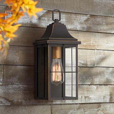 John Timberland Sunderland 15" High Black Warm Gold Outdoor Wall Light