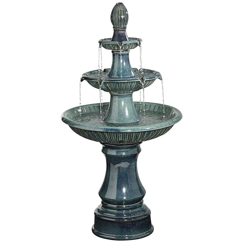 Image 2 John Timberland Three Tier 46 inch High Teal Blue Ceramic LED Fountain