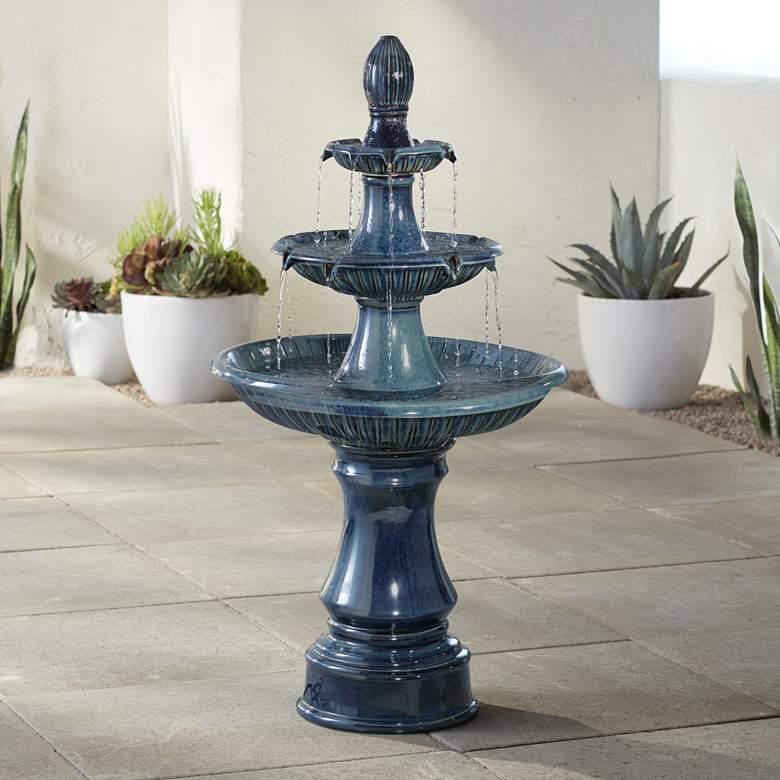 Image 1 John Timberland Three Tier 46 inch High Teal Blue Ceramic LED Fountain