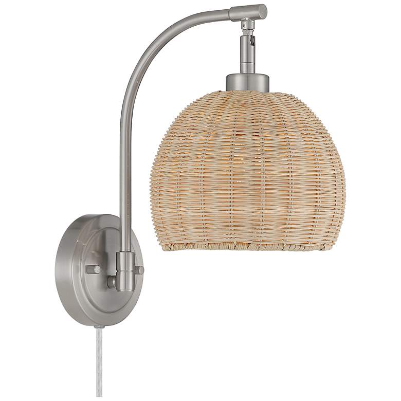 Jojo Brushed Nickel and Wicker Plug-In Wall Lamps Set of 2 more views
