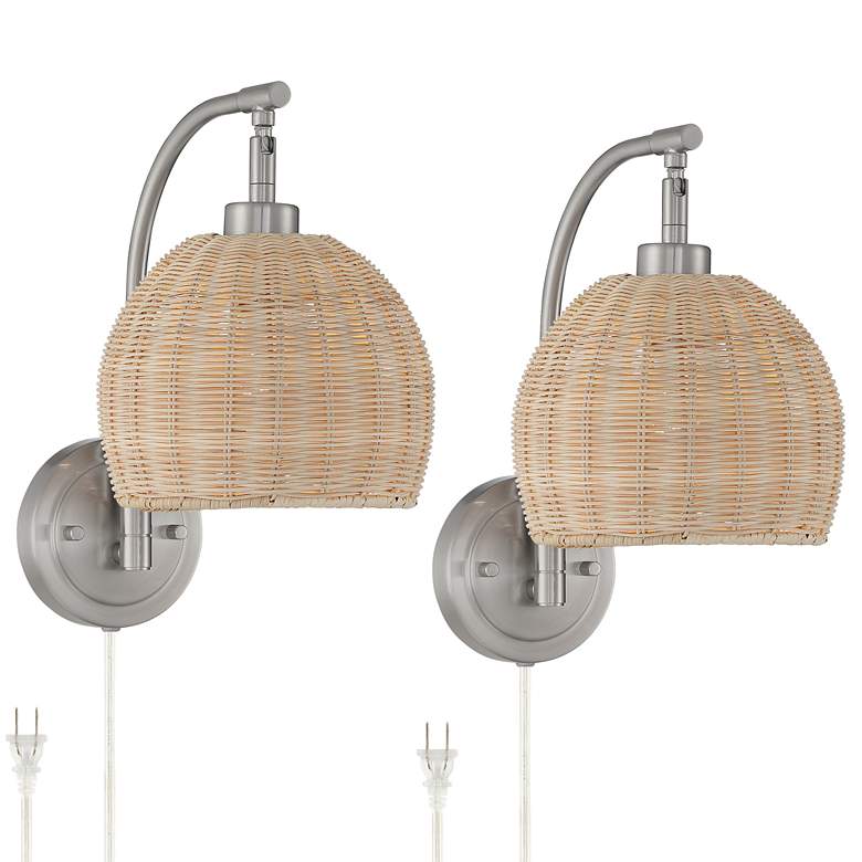 Image 2 Jojo Brushed Nickel and Wicker Plug-In Wall Lamps Set of 2