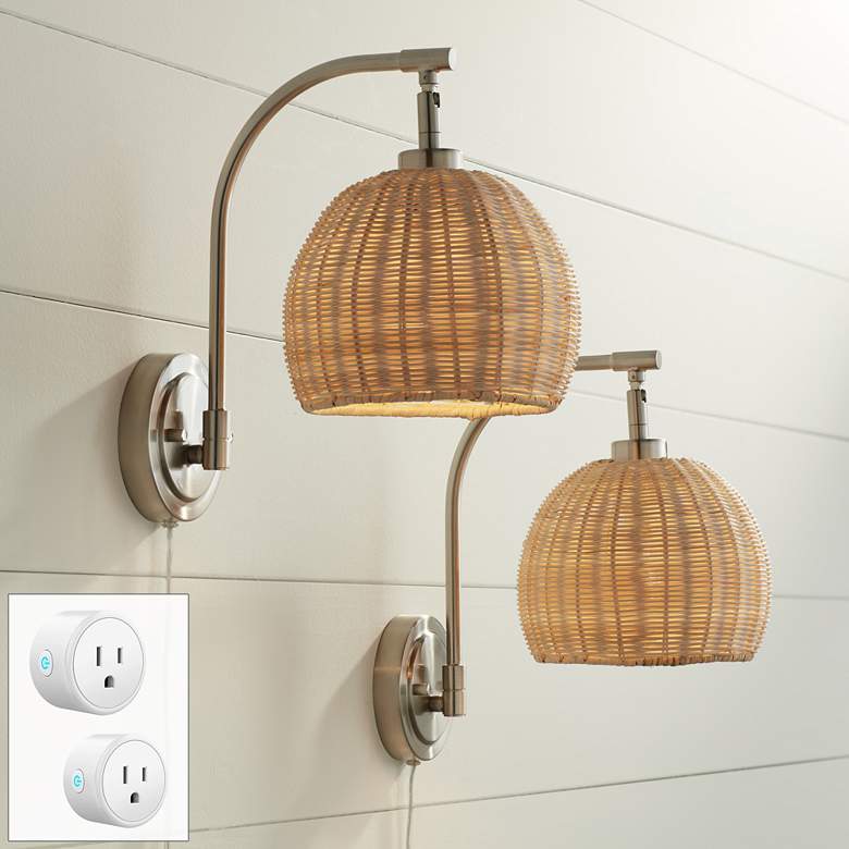 Image 1 Jojo Brushed Nickel and Wicker Plug-In Wall Lamps Set of 2