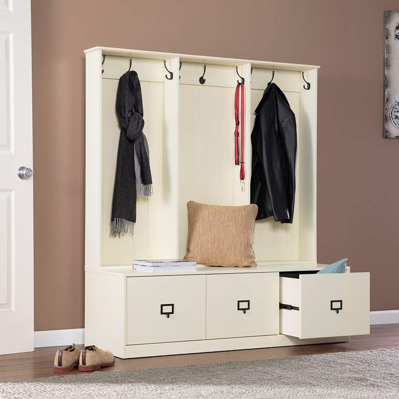 Image 1 Jolene 55 1/4"W Antique White 3-Drawer Entryway Tree Bench