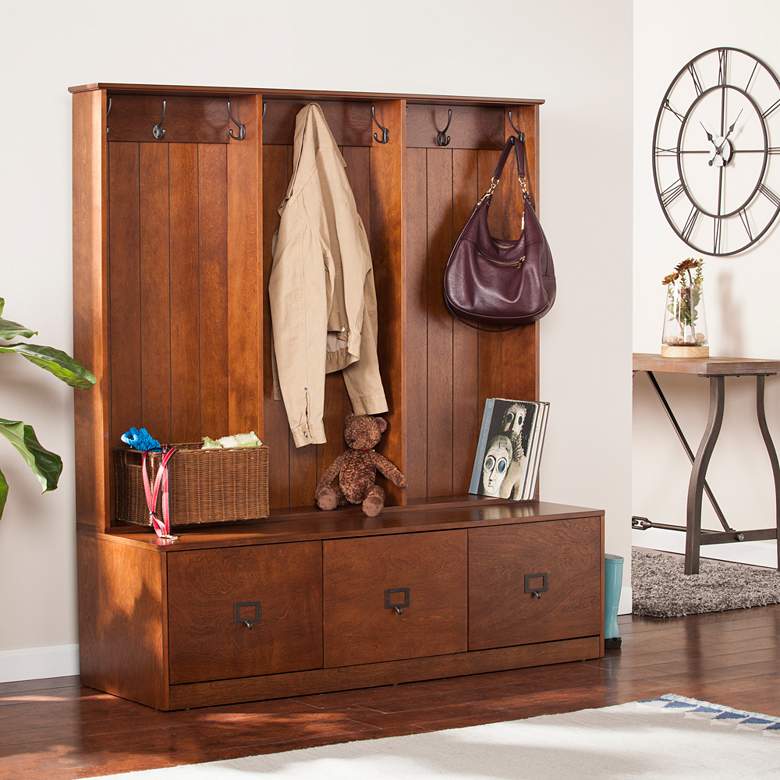 Image 1 Jolene 55 1/4"W Whiskey Maple 3-Drawer Entryway Tree Bench
