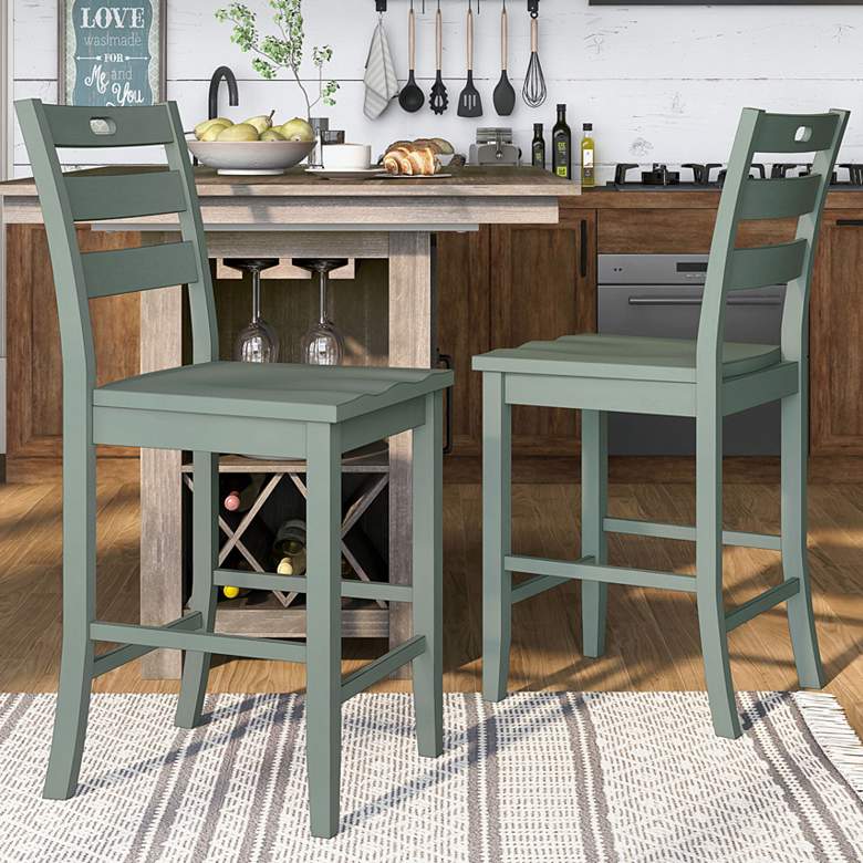 Image 1 Jolines 24" Antique Green Wood Counter Stools Set of 2