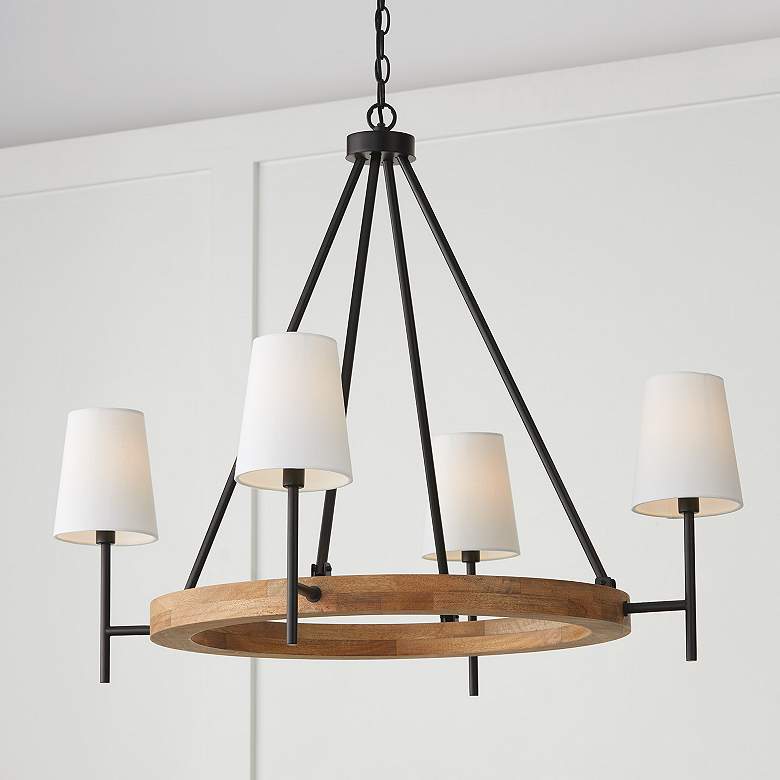 Image 1 Jonah 35" Wide Matte Black and Light Wood 4-Light Chandelier