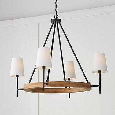 Jonah 35" Wide Matte Black and Light Wood 4-Light Chandelier