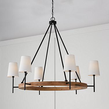 Jonah 42" Wide Matte Black and Light Wood 6-Light Chandelier