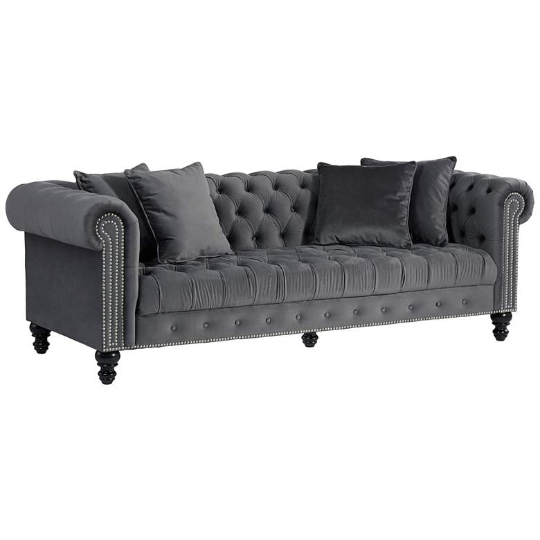 Image 3 Jordan 90" Wide Tufted Dark Gray Velvet Sofa