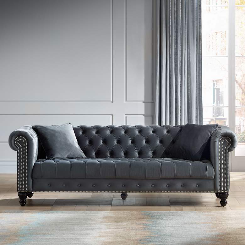 Image 2 Jordan 90 inch Wide Tufted Dark Gray Velvet Sofa