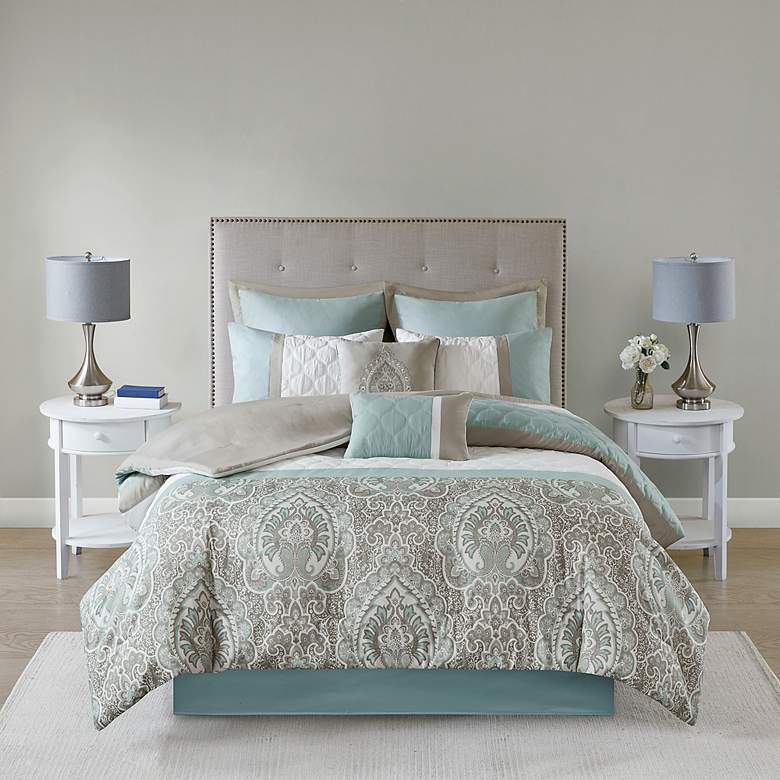 Image 1 Josefina Seafoam and White 8-Piece Queen Comforter Bed Set