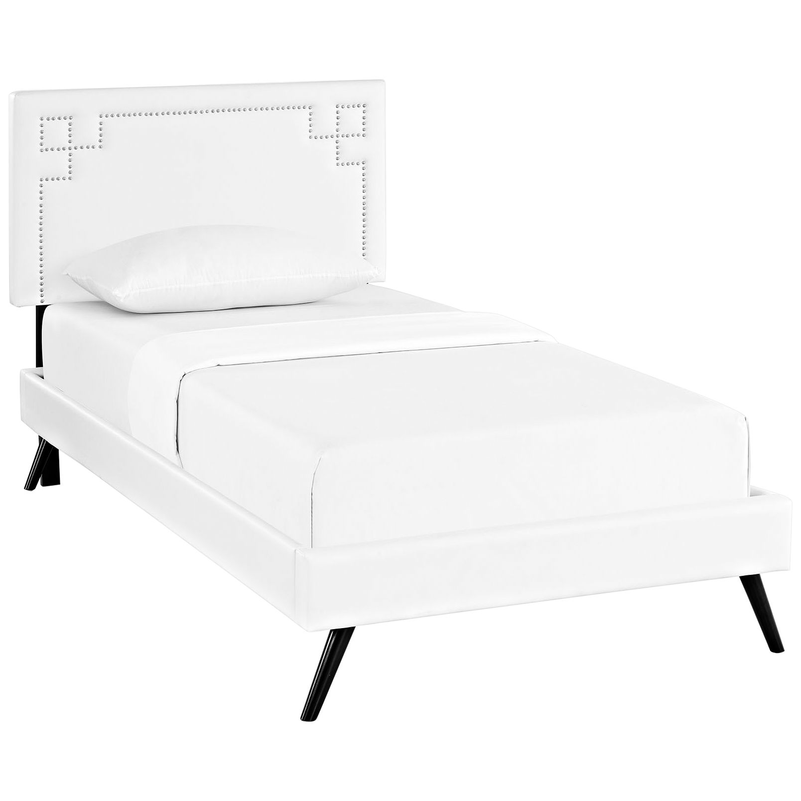 Josie White Vinyl Twin Platform Bed with Round Splayed Legs