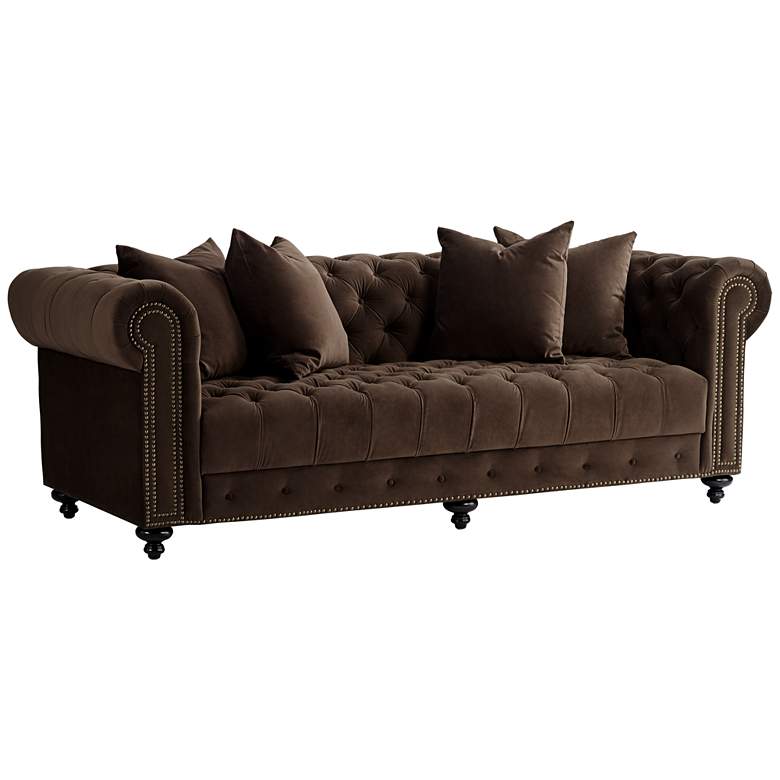 Image 3 Jules 90"W Chocolate Brown Velvet Tufted Chesterfield Sofa