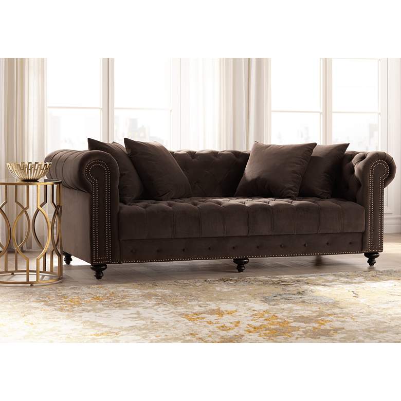 Jules 90&quot;W Chocolate Brown Velvet Tufted Chesterfield Sofa