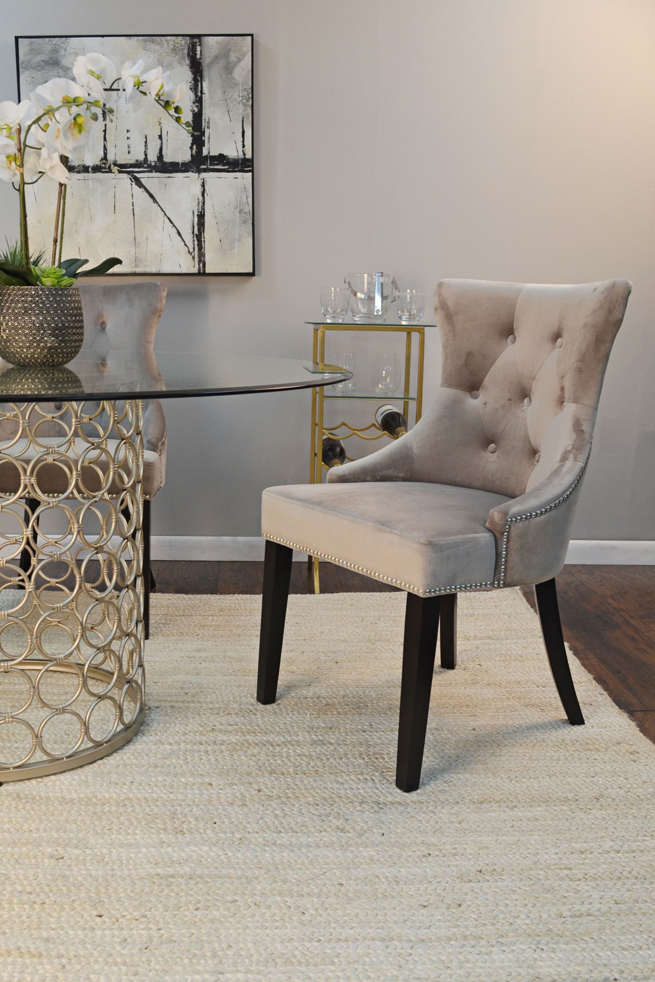 Julia Gray Velvet Fabric Tufted Dining Chair in scene