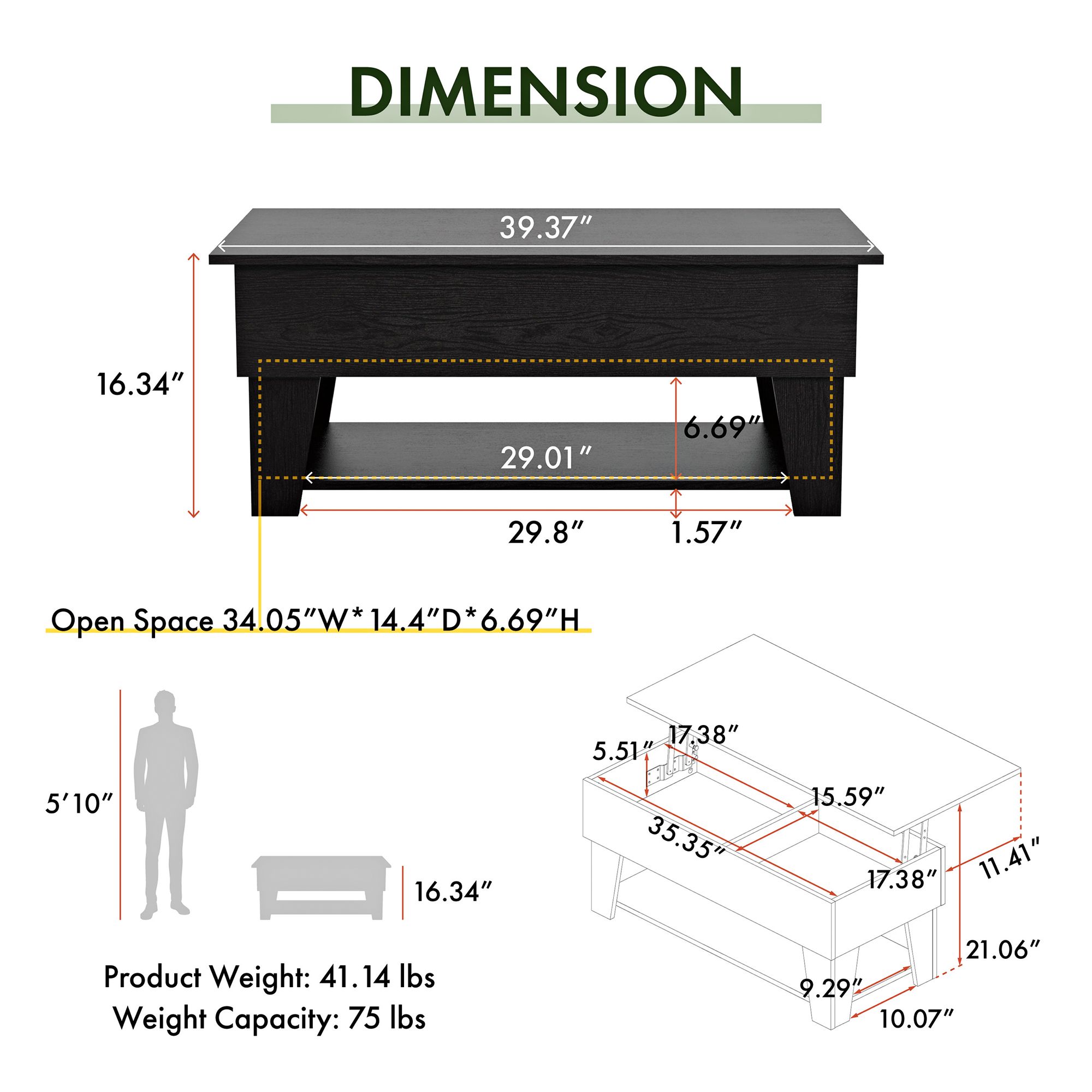 Julieta 39 1/4"W Black Lifted-Top Coffee Table w/ LED Lights