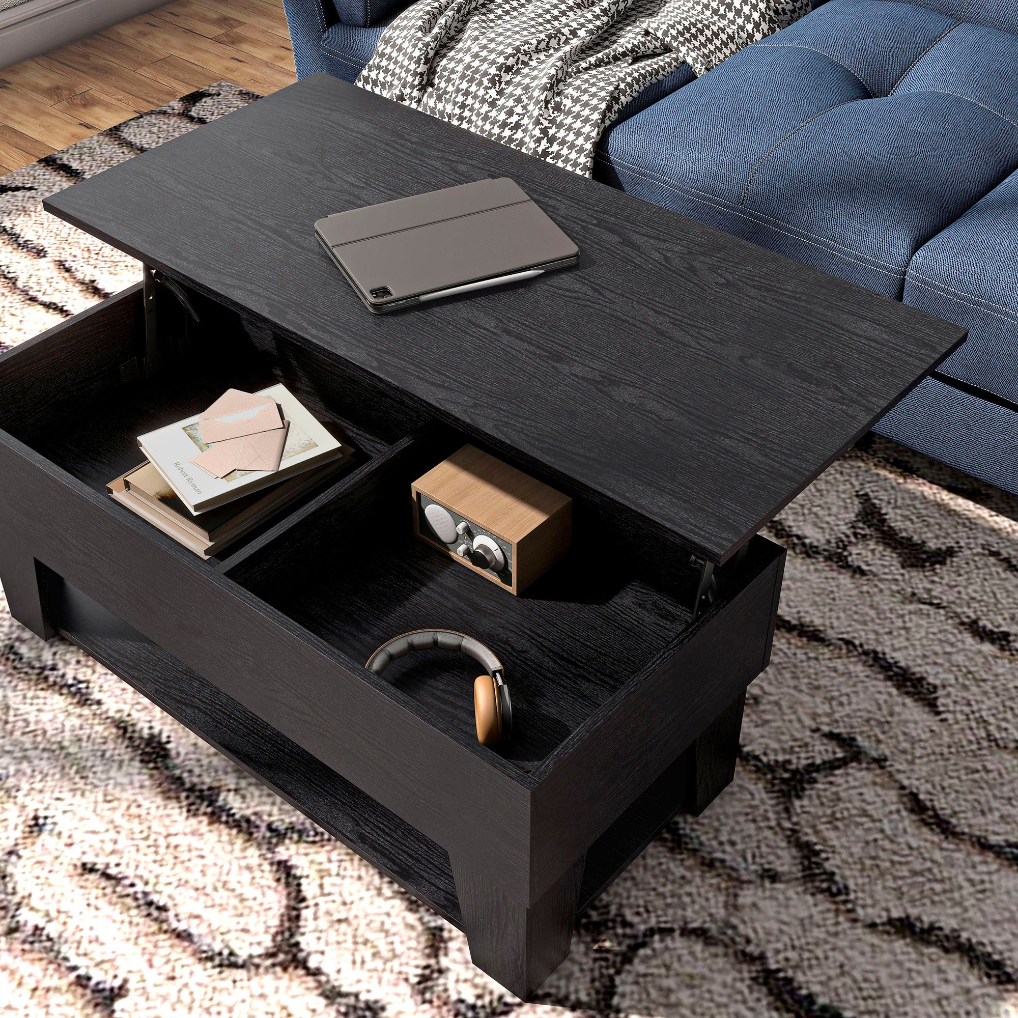 Julieta 39 1/4"W Black Lifted-Top Coffee Table w/ LED Lights