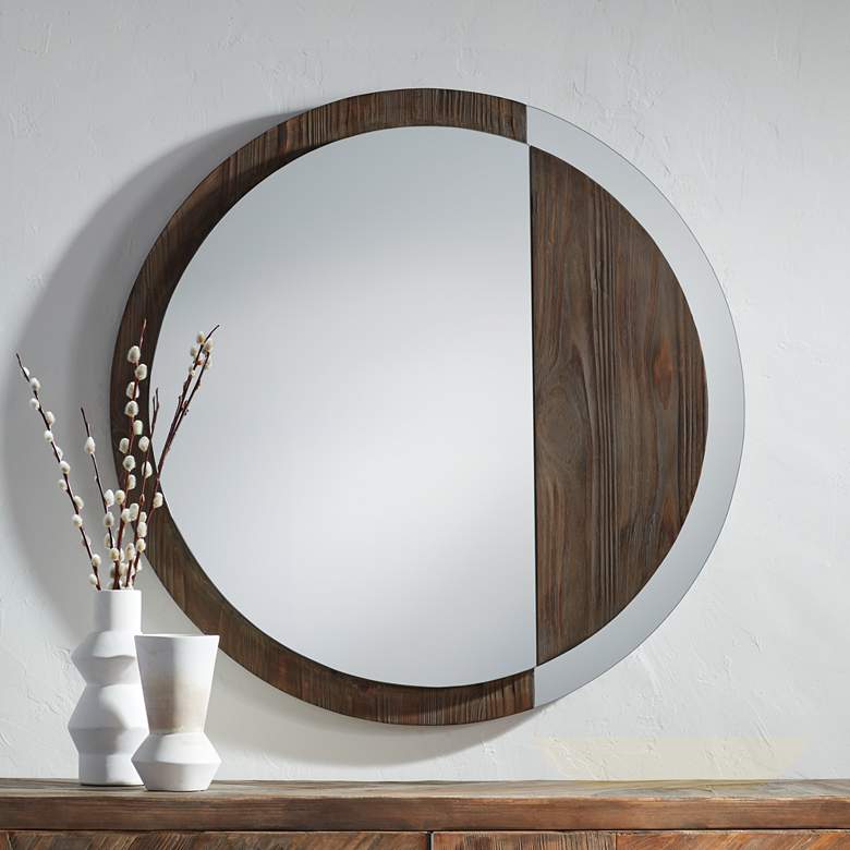Image 1 Julimar Brown Wood 34" Round Wall Mirror