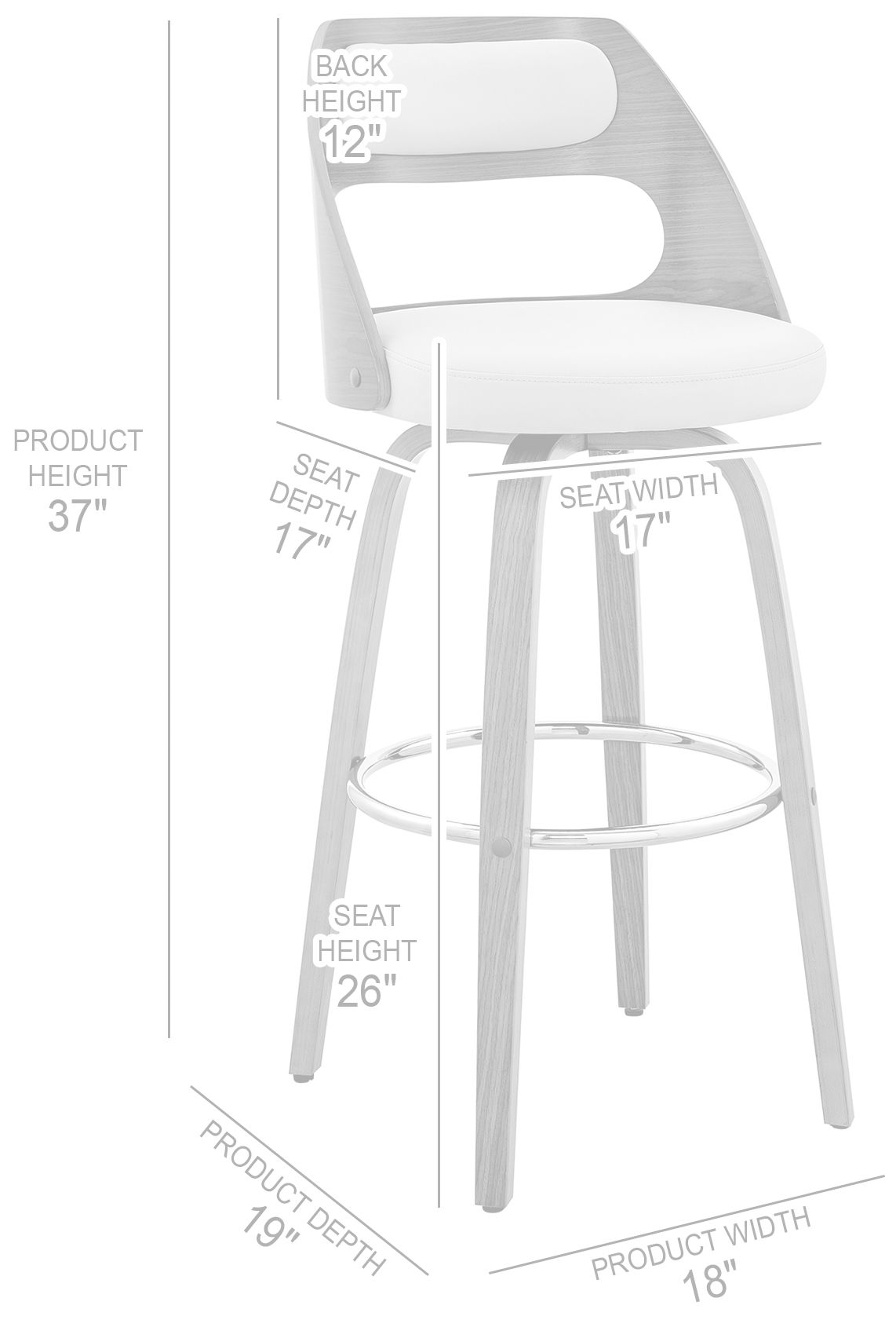 Julius 26 in. Barstool in Black Finish with Gray Faux Leather