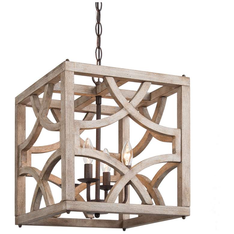 Image 1 Julle 14.2" Wide Distressed Wood 4-Light Square Chandelier