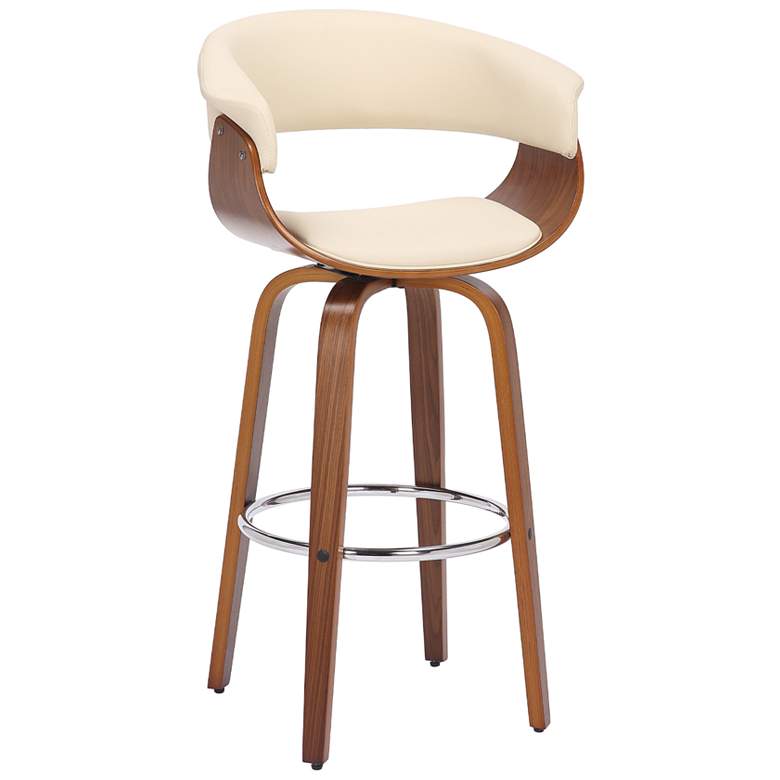 Image 1 Julyssa 26 in. Swivel Barstool in Cream Faux Leather and Walnut Wood