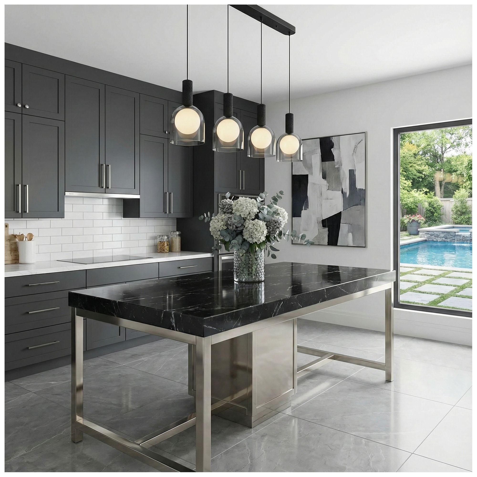 Image 6 Juna 44" Wide 4-Light Black, Volcanic Black Travertine Pendant more views