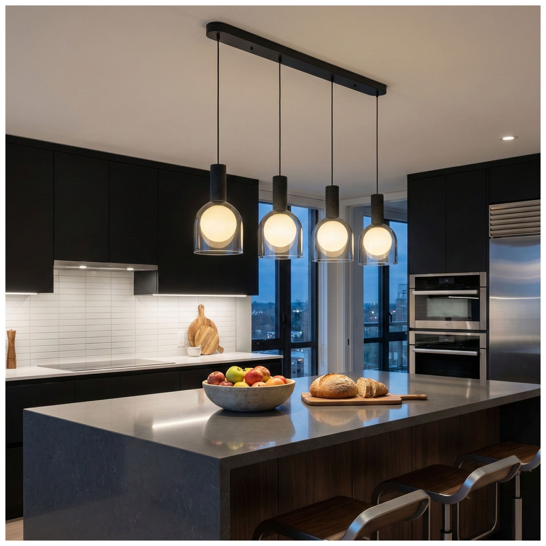 Image 7 Juna 44" Wide 4-Light Black, Volcanic Black Travertine Pendant more views