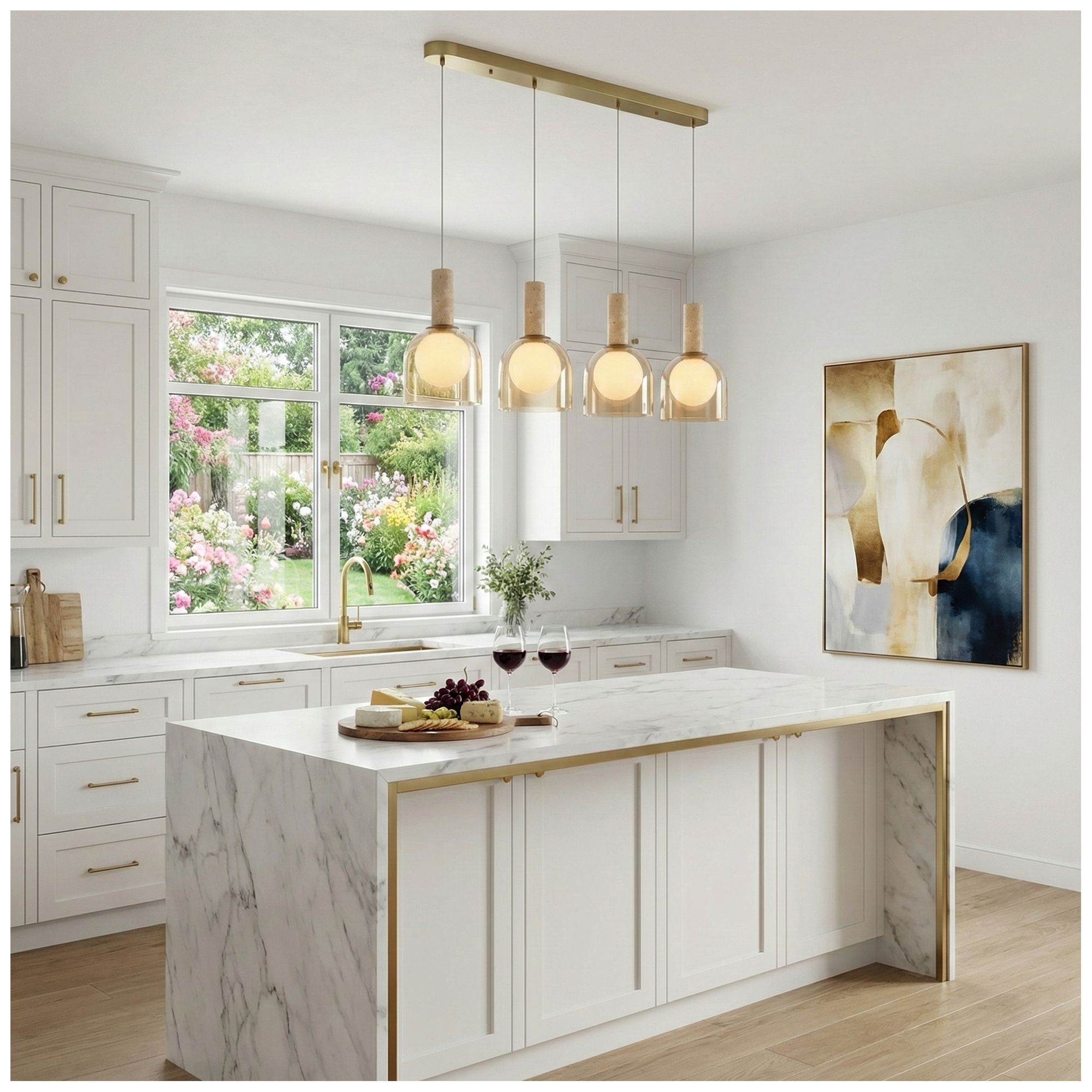 Image 6 Juna 44" Wide 4-Light Brass, Travertine Pendant more views