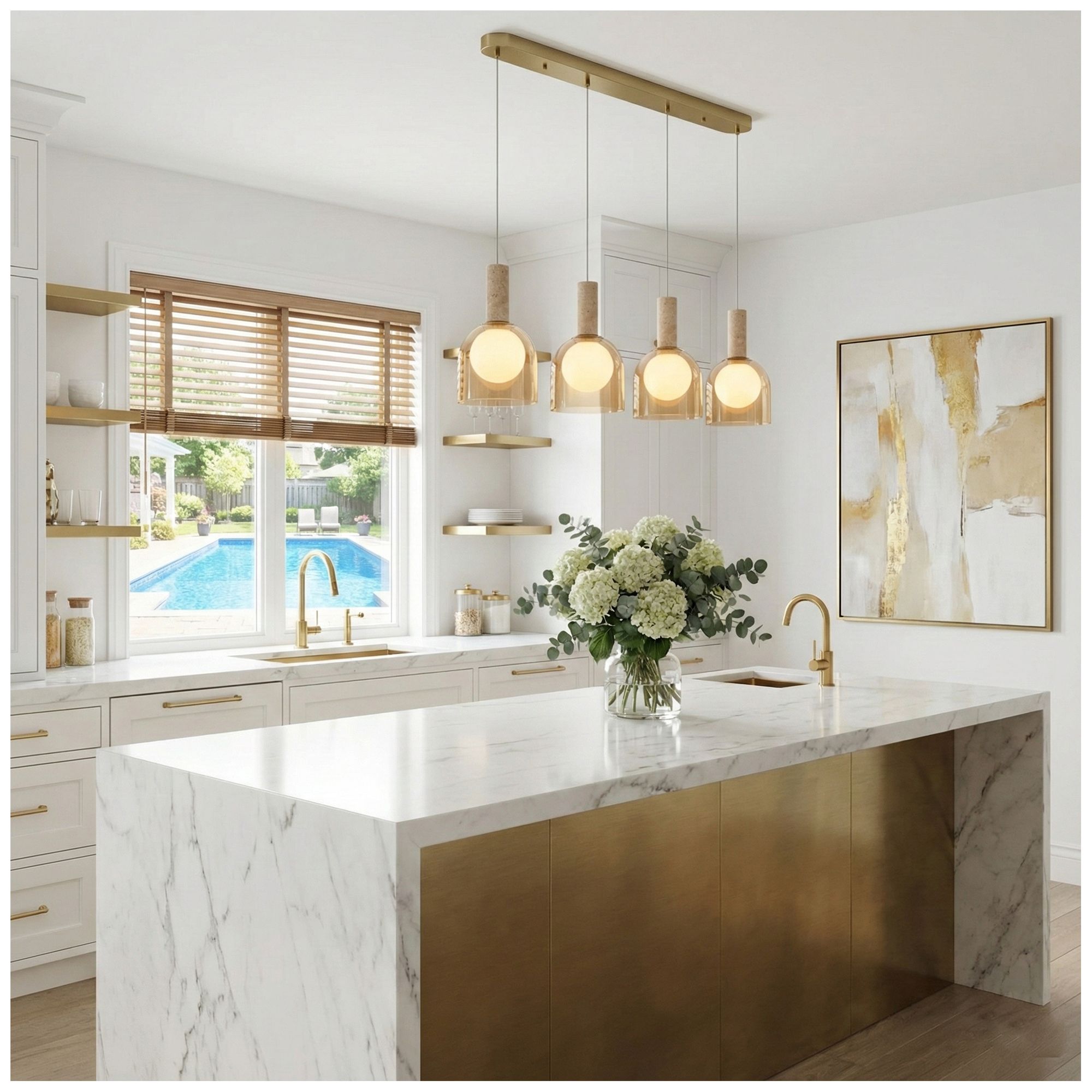 Image 7 Juna 44" Wide 4-Light Brass, Travertine Pendant more views