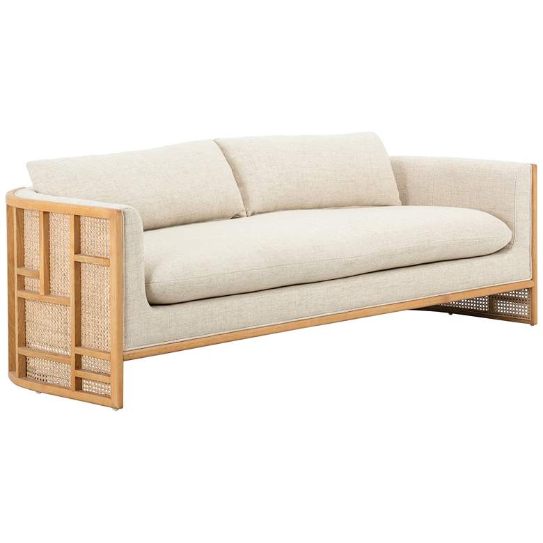 Image 1 June 81" Wide Modern Cream Oak and Rattan Sofa