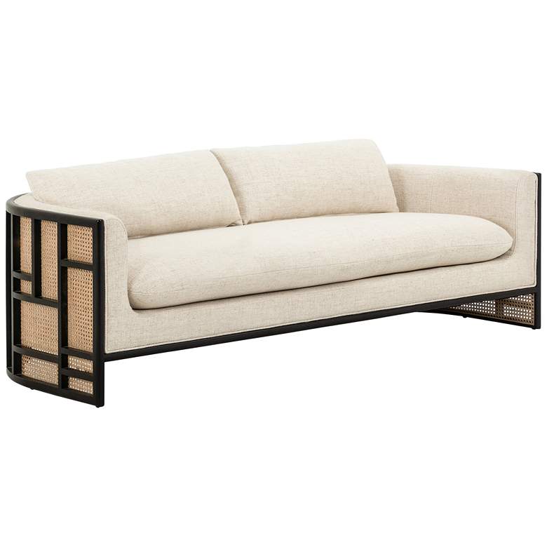 Image 1 June 81" Wide Modern Cream Parawood and Rattan Sofa