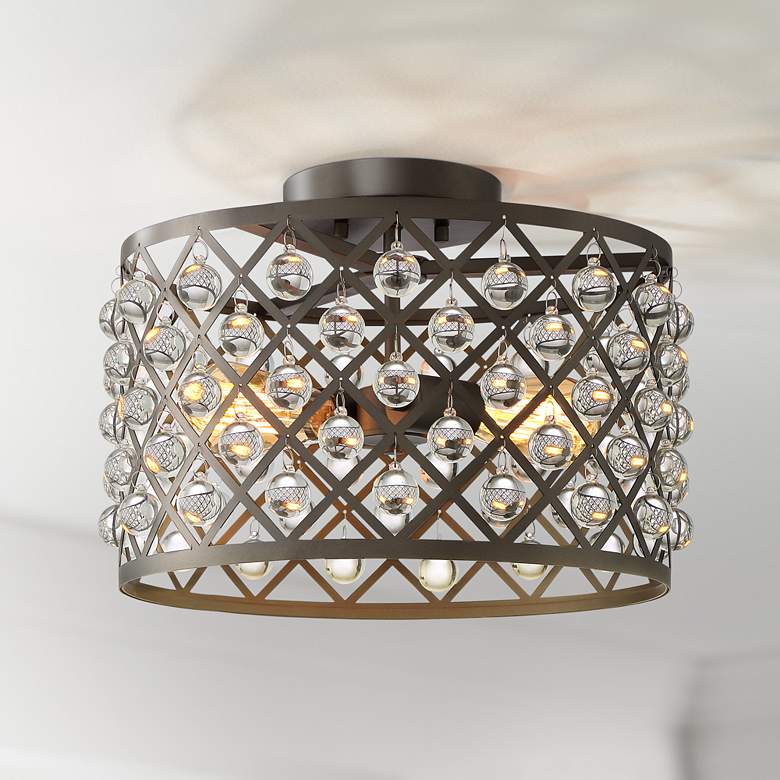 Image 1 Justin 15" Wide Bronze Mesh Drum 2-Light Ceiling Light