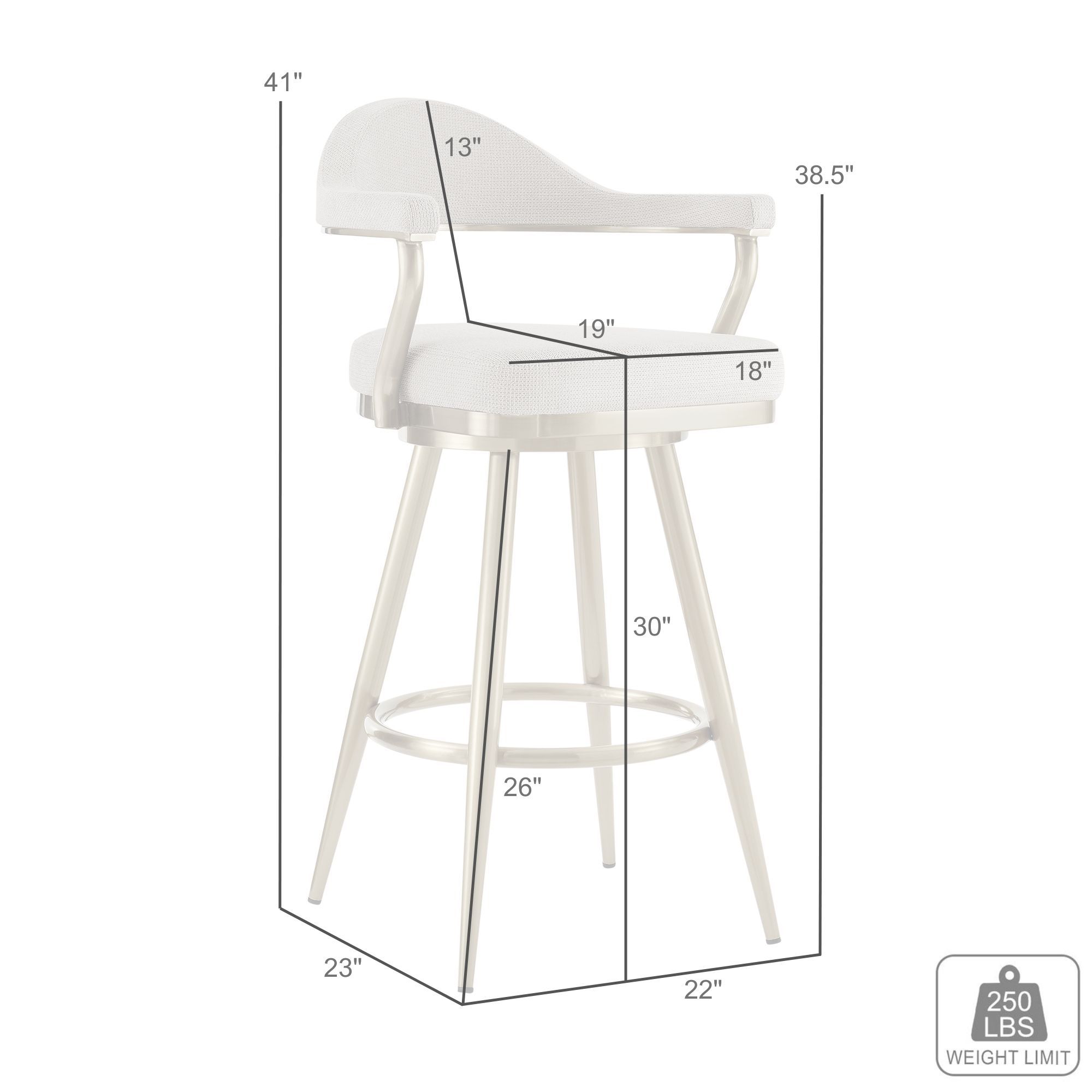 Justin 30 in. Swivel Bar Stool in Brushed Stainless Steel, Silver Fabric