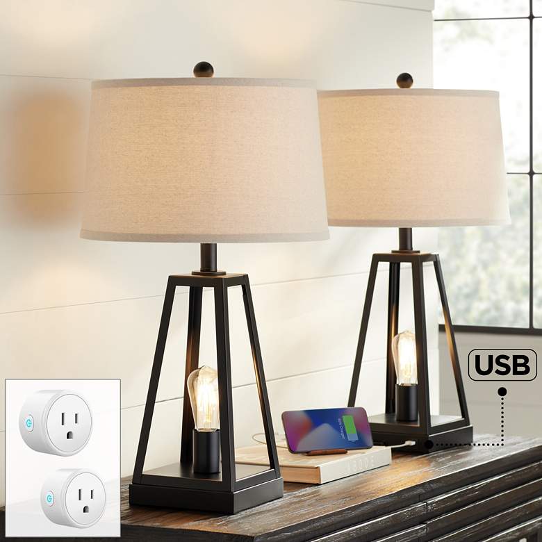 Image 1 Kacey Dark Metal LED Table Lamps Set of 2 with Smart Sockets