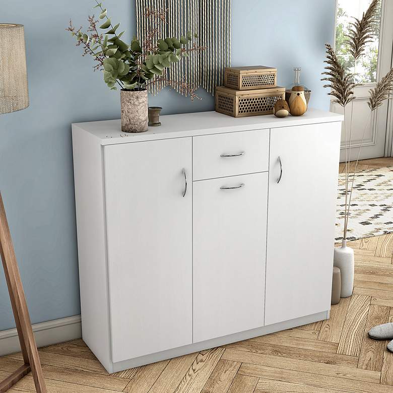Image 1 Kael 47 1/4" Wide White Wood 10-Shelf 1-Drawer Shoe Cabinet