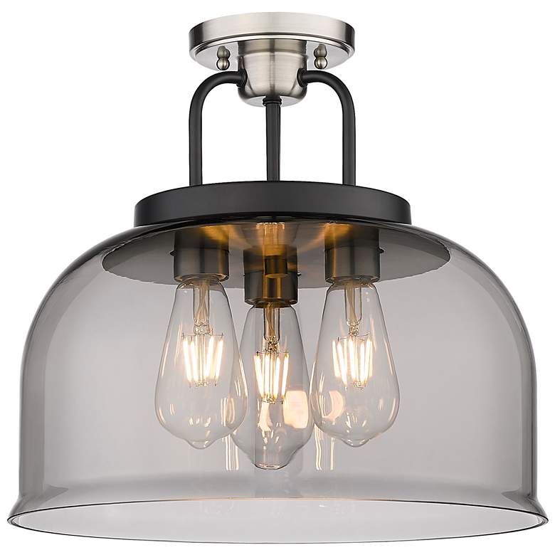 Image 1 Kahana 15"W 3 Light Black Satin Nickel Semi-Flush With Plated Smoke Sh