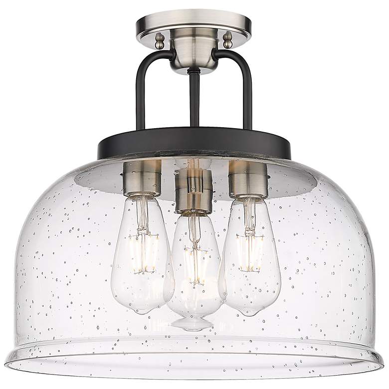 Image 1 Kahana 15"W 3 Light Black Satin Nickel Semi-Flush With Seedy Glass Sha