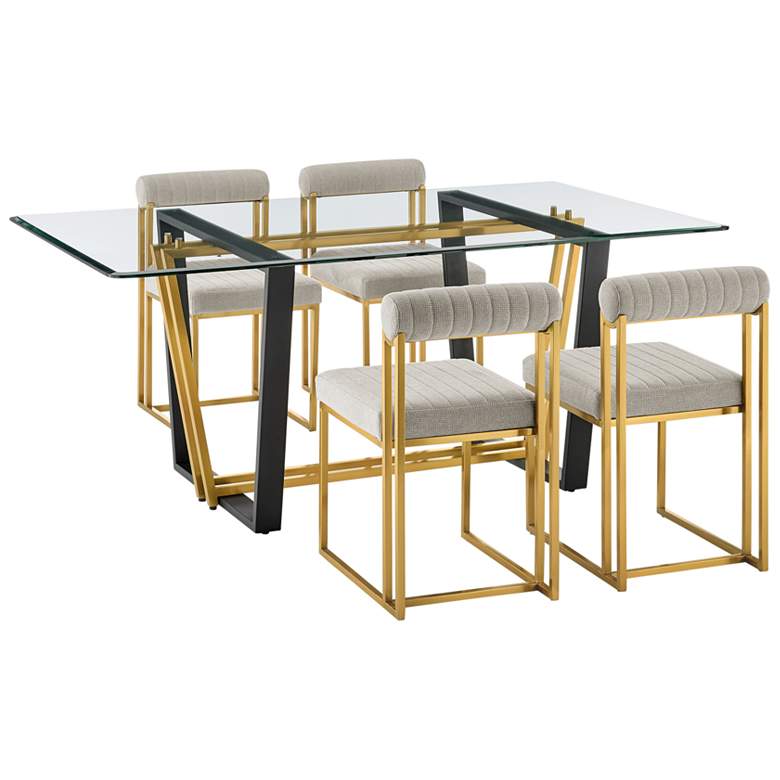 Image 1 Kai Anastasia 5 Pc Glass Dining Table Set in Stainless Steel, Taupe Fabric