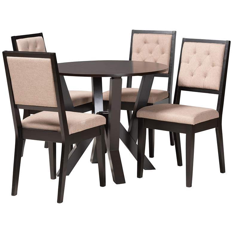 Image 2 Kai Sand Fabric Dark Brown Wood 5-Piece Dining Set